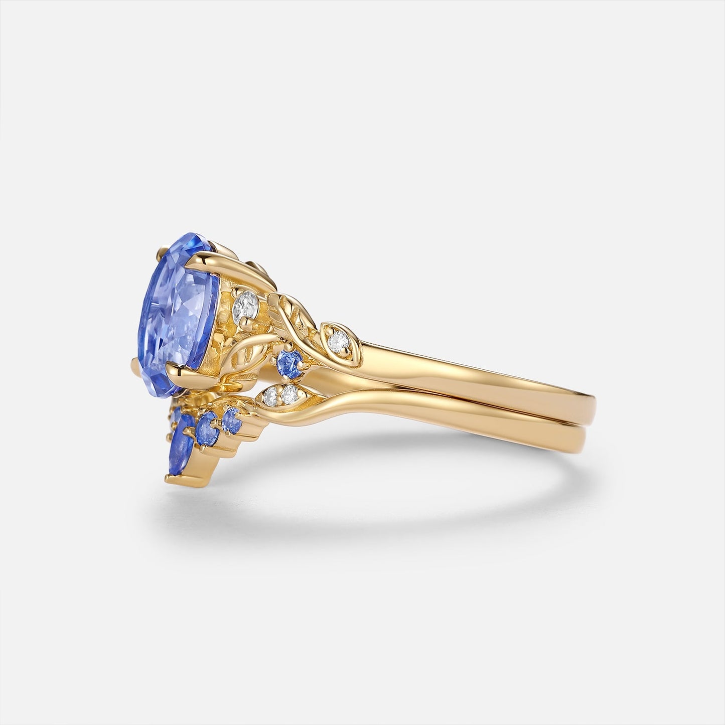 Oval Cut Lab Cornflower Sapphire Engagement Ring Sets 2pcs - Anouk