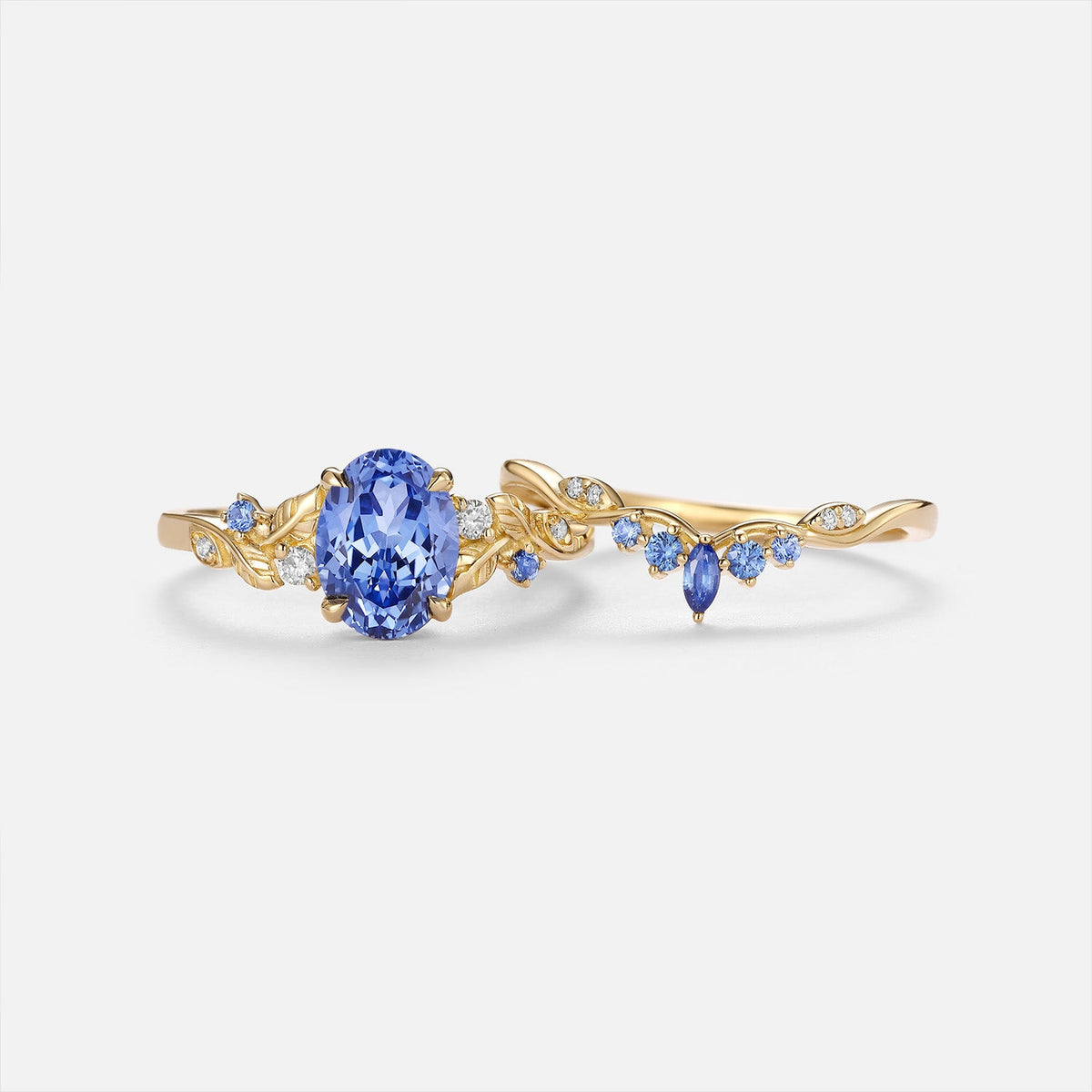 Oval Cut Lab Cornflower Sapphire Engagement Ring Sets 2pcs - Anouk
