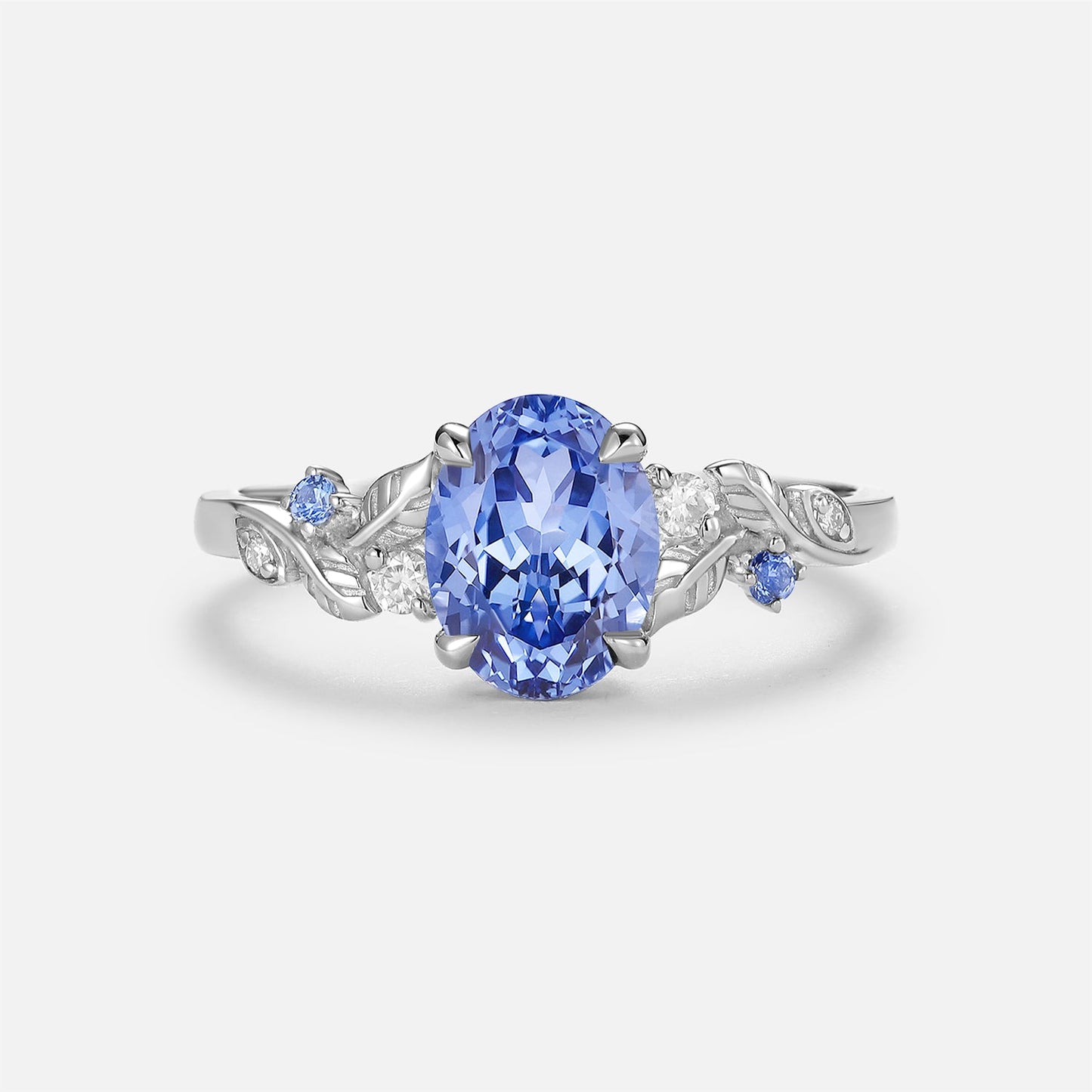 Oval Cut Lab Cornflower Sapphire Cluster Engagement Ring - Odette