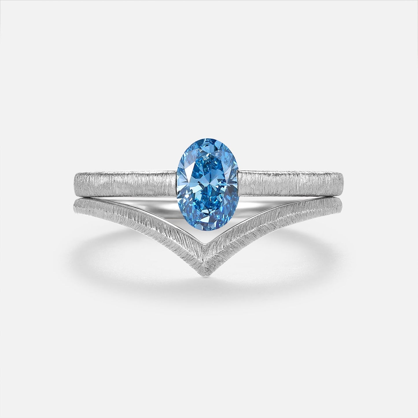 Minimalist Oval Cut Blue Lab Grown Diamond Gold Bridal Ring Sets 2pcs - Riva