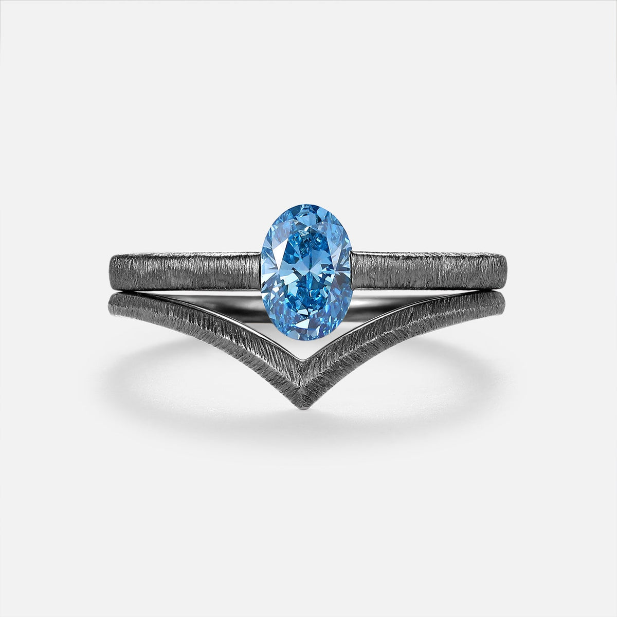 Minimalist Oval Cut Blue Lab Grown Diamond Gold Bridal Ring Sets 2pcs - Riva