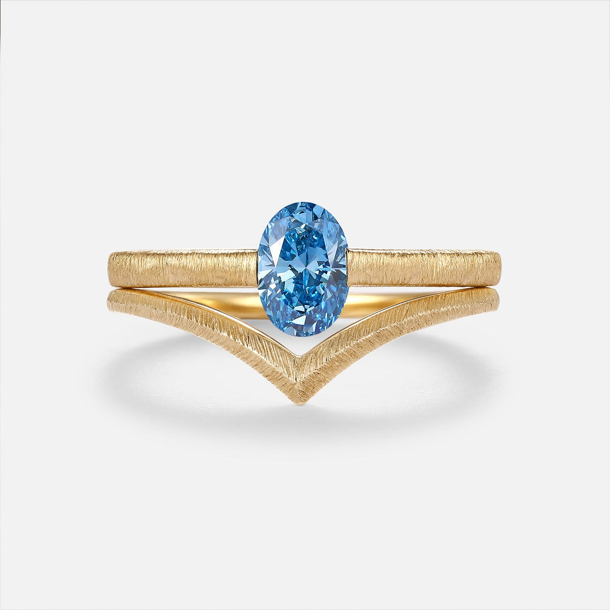 Minimalist Oval Cut Blue Lab Grown Diamond Gold Bridal Ring Sets 2pcs - Riva