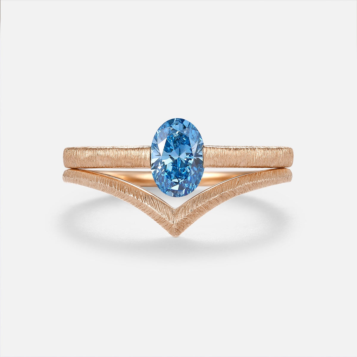 Minimalist Oval Cut Blue Lab Grown Diamond Gold Bridal Ring Sets 2pcs - Riva
