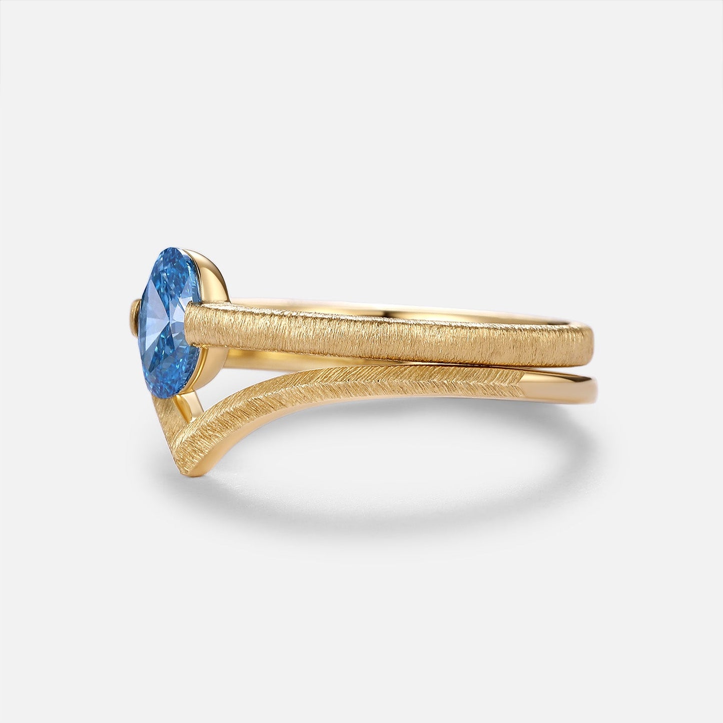 Minimalist Oval Cut Blue Lab Grown Diamond Gold Bridal Ring Sets 2pcs - Riva