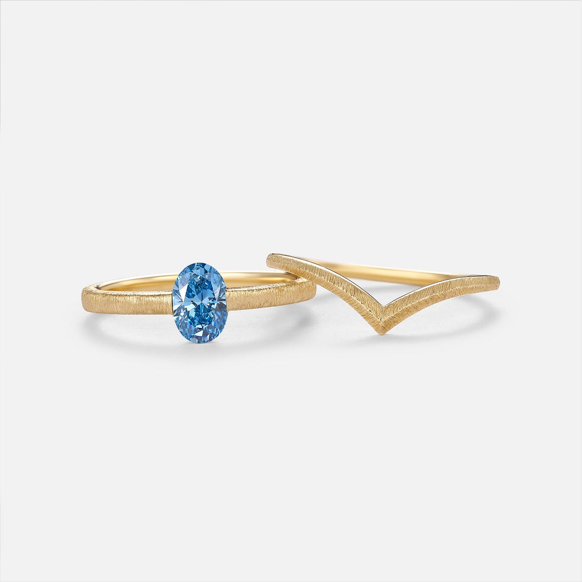 Minimalist Oval Cut Blue Lab Grown Diamond Gold Bridal Ring Sets 2pcs - Riva