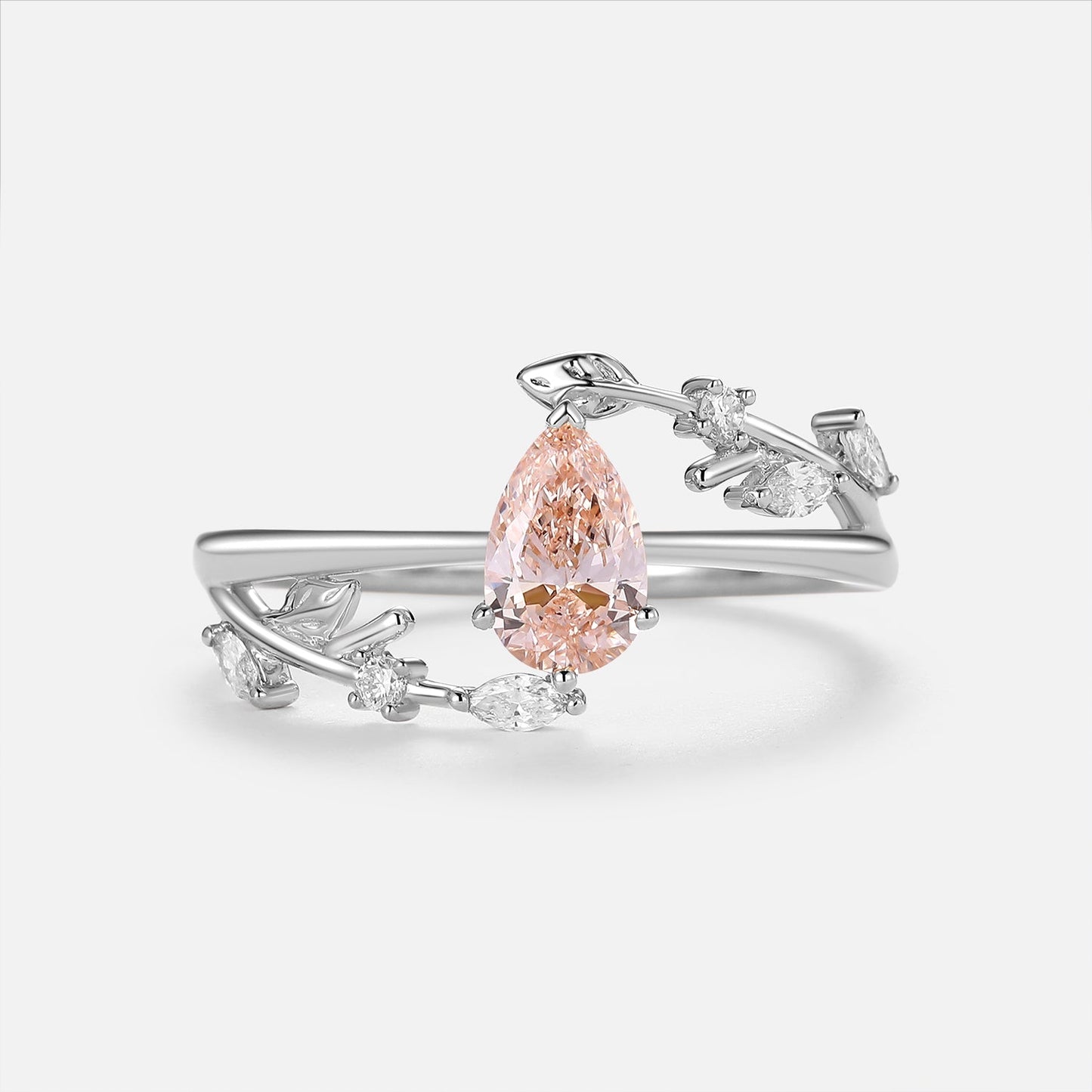 Pear Shaped Lab Pink Grown Diamond Leafy Gold Engagement Ring - Magnolia