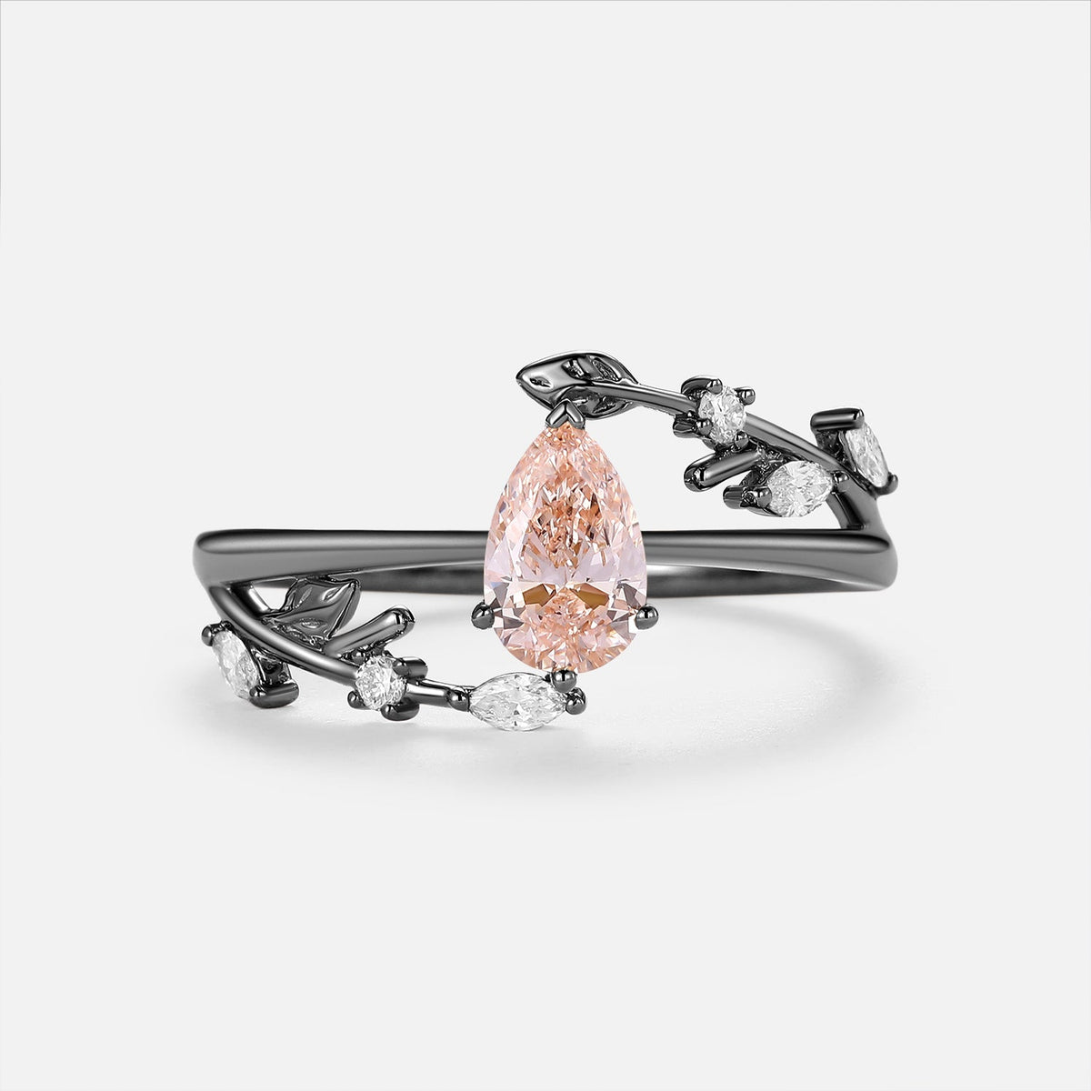 Pear Shaped Lab Pink Grown Diamond Leafy Gold Engagement Ring - Magnolia