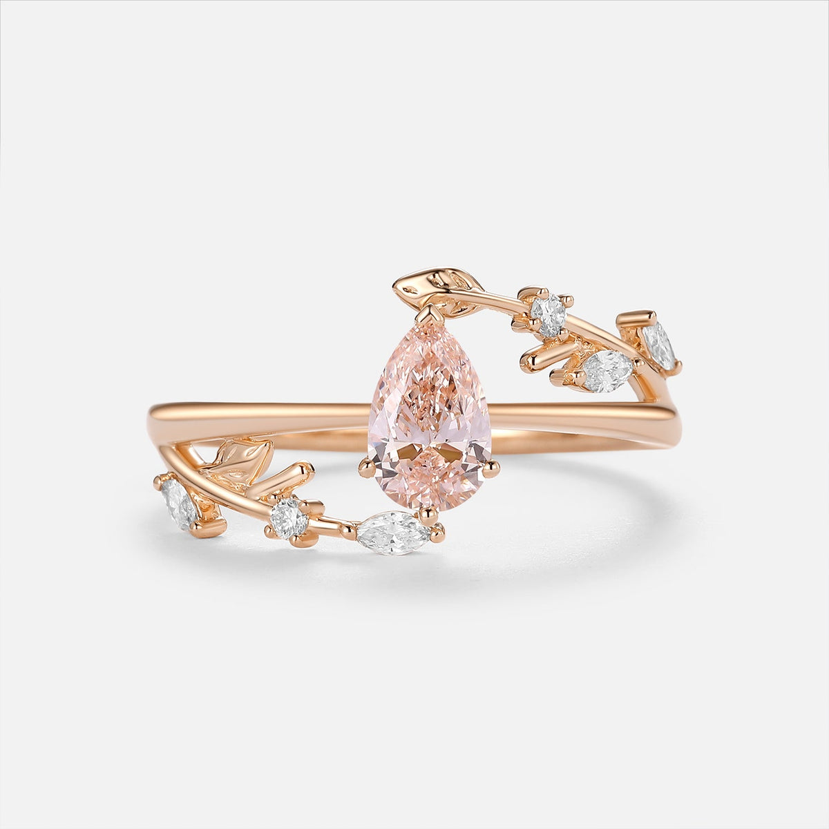 Pear Shaped Lab Pink Grown Diamond Leafy Gold Engagement Ring - Magnolia