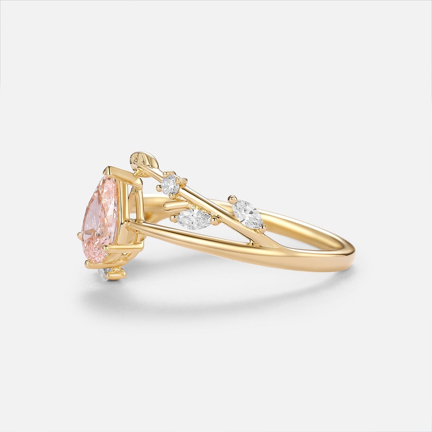 Pear Shaped Lab Pink Grown Diamond Leafy Gold Engagement Ring - Magnolia