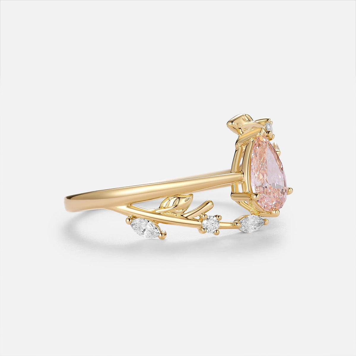 Pear Shaped Lab Pink Grown Diamond Leafy Gold Engagement Ring - Magnolia