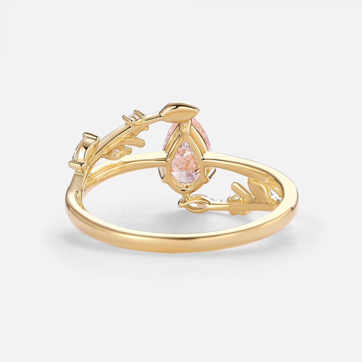 Pear Shaped Lab Pink Grown Diamond Leafy Gold Engagement Ring - Magnolia