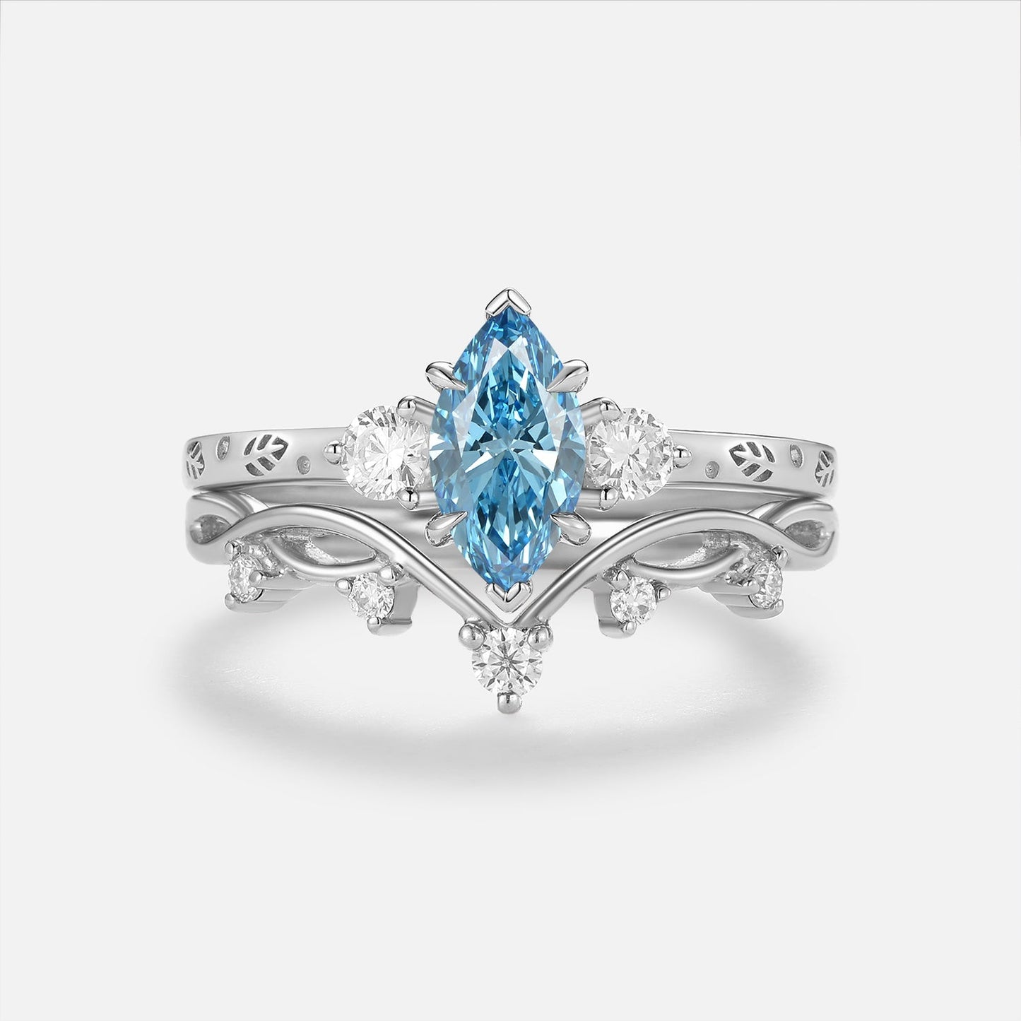 Marquise Blue Lab Grown Diamond Engraved Engagement Ring Sets 2pcs - Caelum