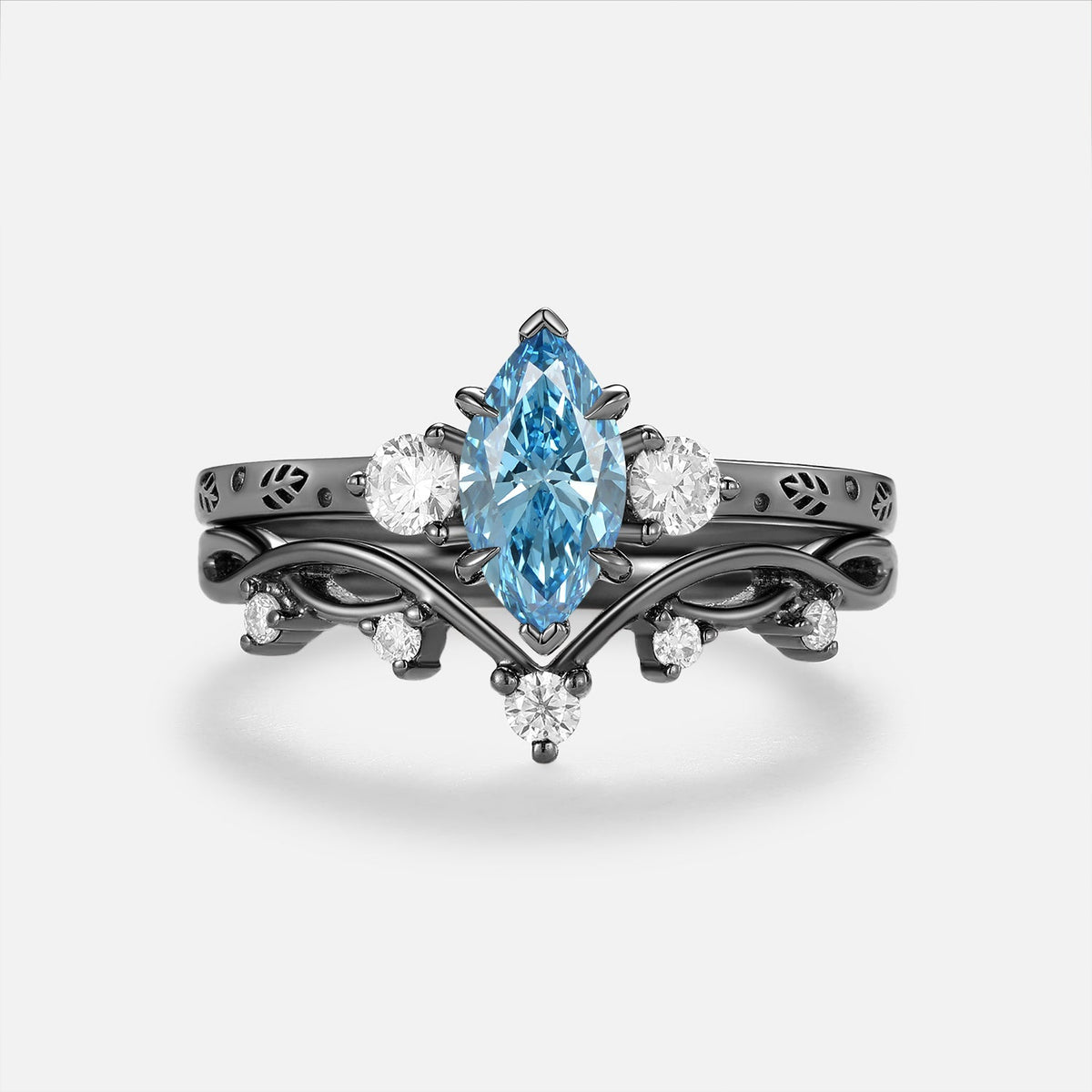 Marquise Blue Lab Grown Diamond Engraved Engagement Ring Sets 2pcs - Caelum