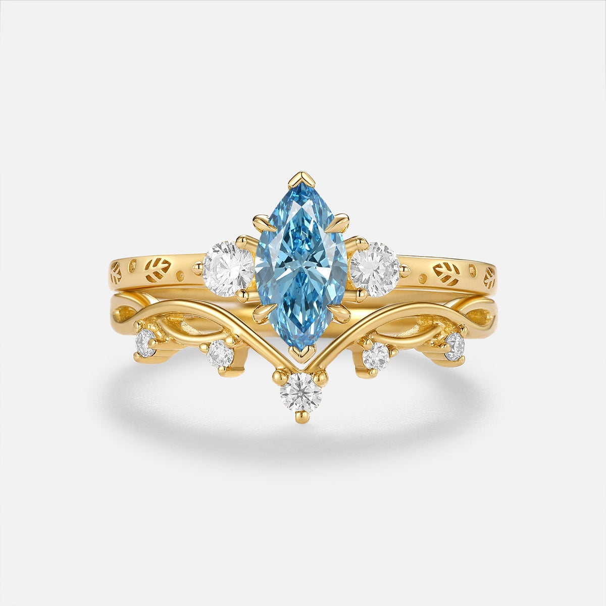 Marquise Blue Lab Grown Diamond Engraved Engagement Ring Sets 2pcs - Caelum