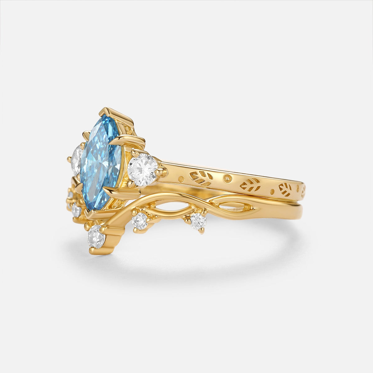 Marquise Blue Lab Grown Diamond Engraved Engagement Ring Sets 2pcs - Caelum
