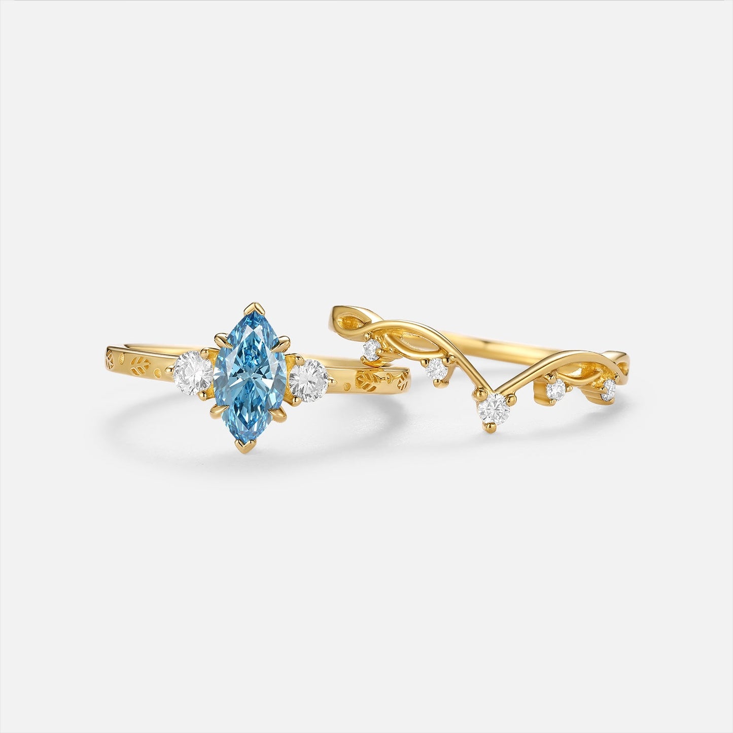 Marquise Blue Lab Grown Diamond Engraved Engagement Ring Sets 2pcs - Caelum