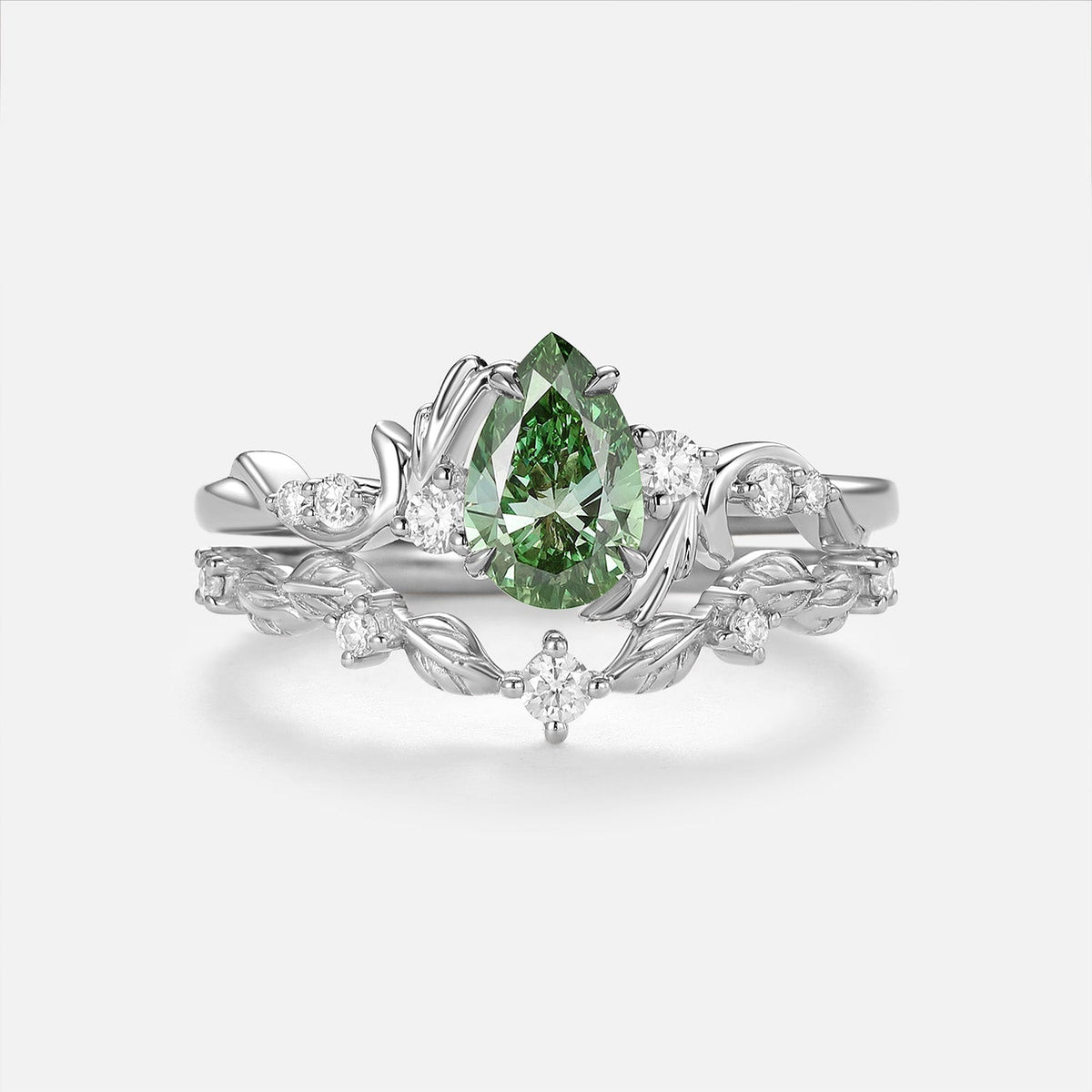 Pear Cut Lab Green Sapphire Leafy Engagement Ring Sets - Arden