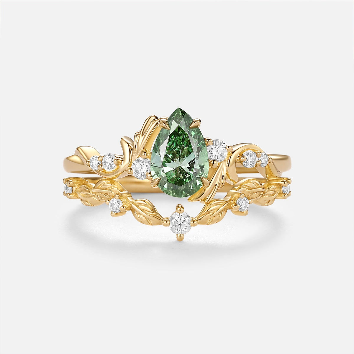 Pear Cut Lab Green Sapphire Leafy Engagement Ring Sets - Arden
