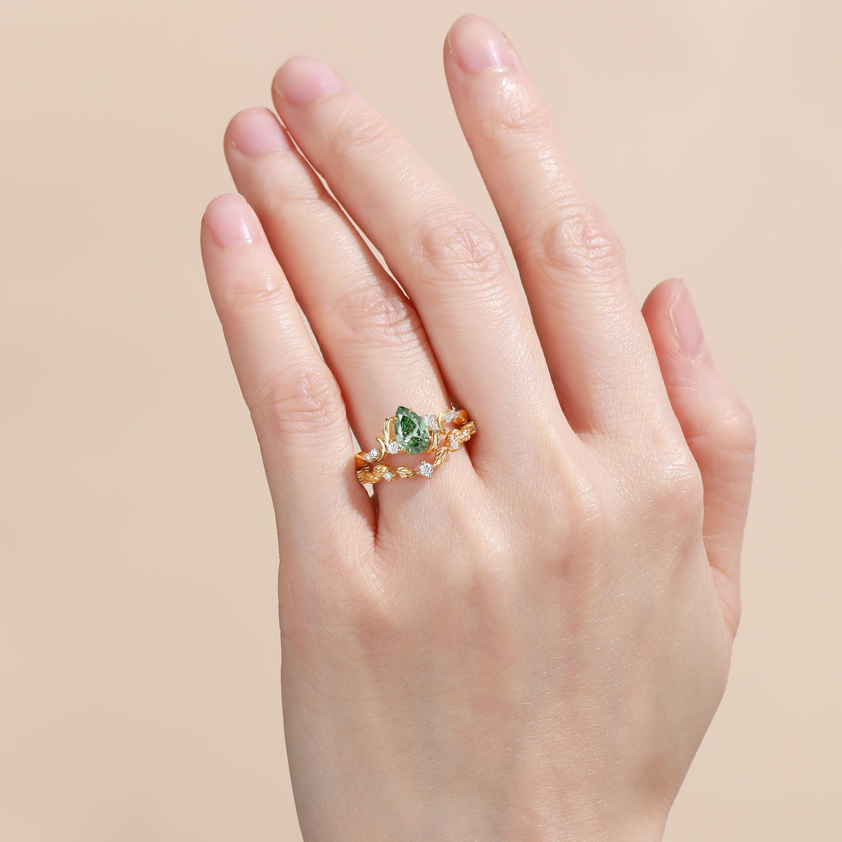 Pear Cut Lab Green Sapphire Leafy Engagement Ring Sets - Arden