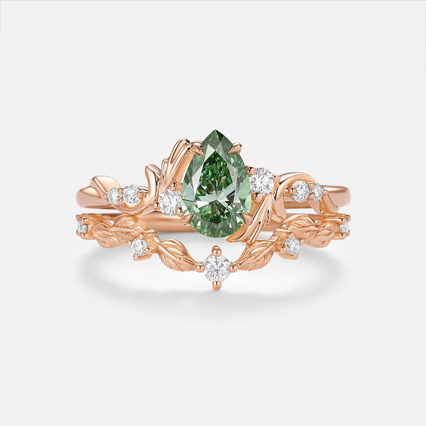 Pear Cut Lab Green Sapphire Leafy Engagement Ring Sets - Arden
