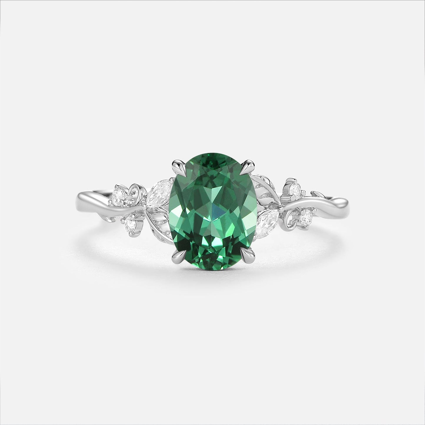 Oval Cut Lab Green Sapphire Leafy Engagement Ring - Nieve