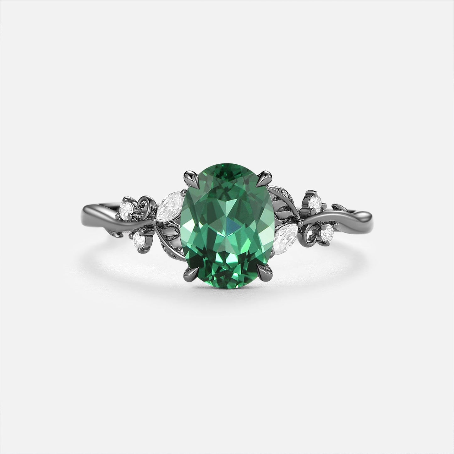 Oval Cut Lab Green Sapphire Leafy Engagement Ring - Nieve