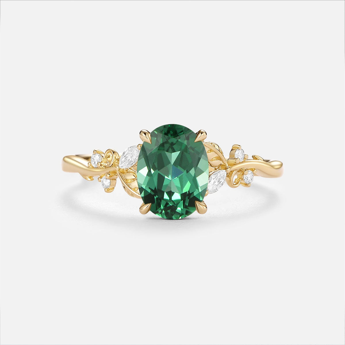 Oval Cut Lab Green Sapphire Leafy Engagement Ring - Nieve