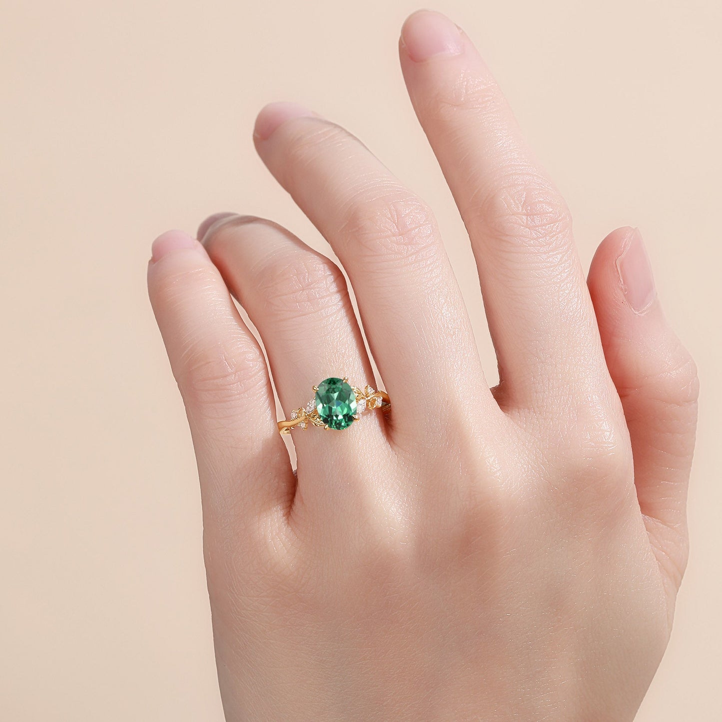 Oval Cut Lab Green Sapphire Leafy Engagement Ring - Nieve