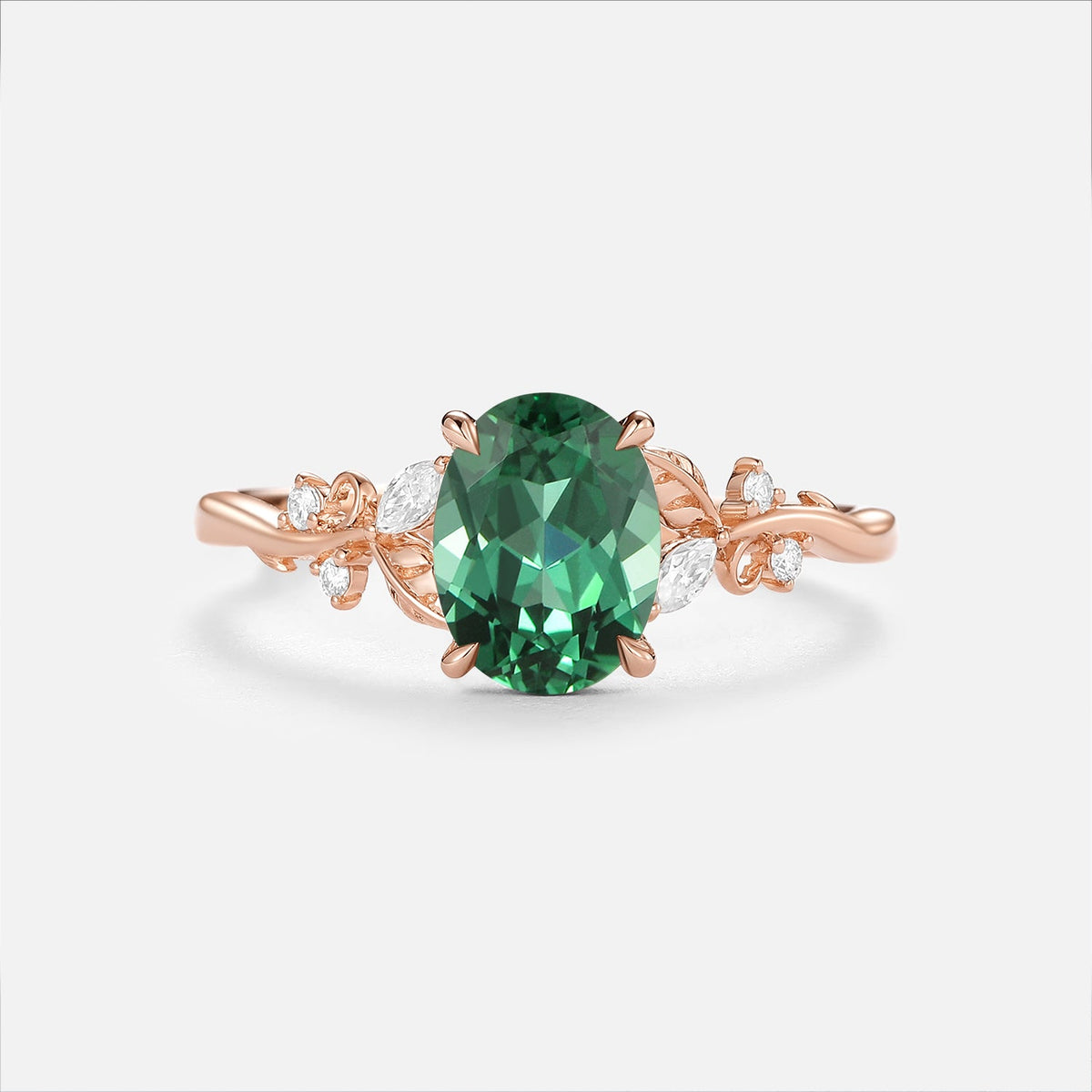 Oval Cut Lab Green Sapphire Leafy Engagement Ring - Nieve