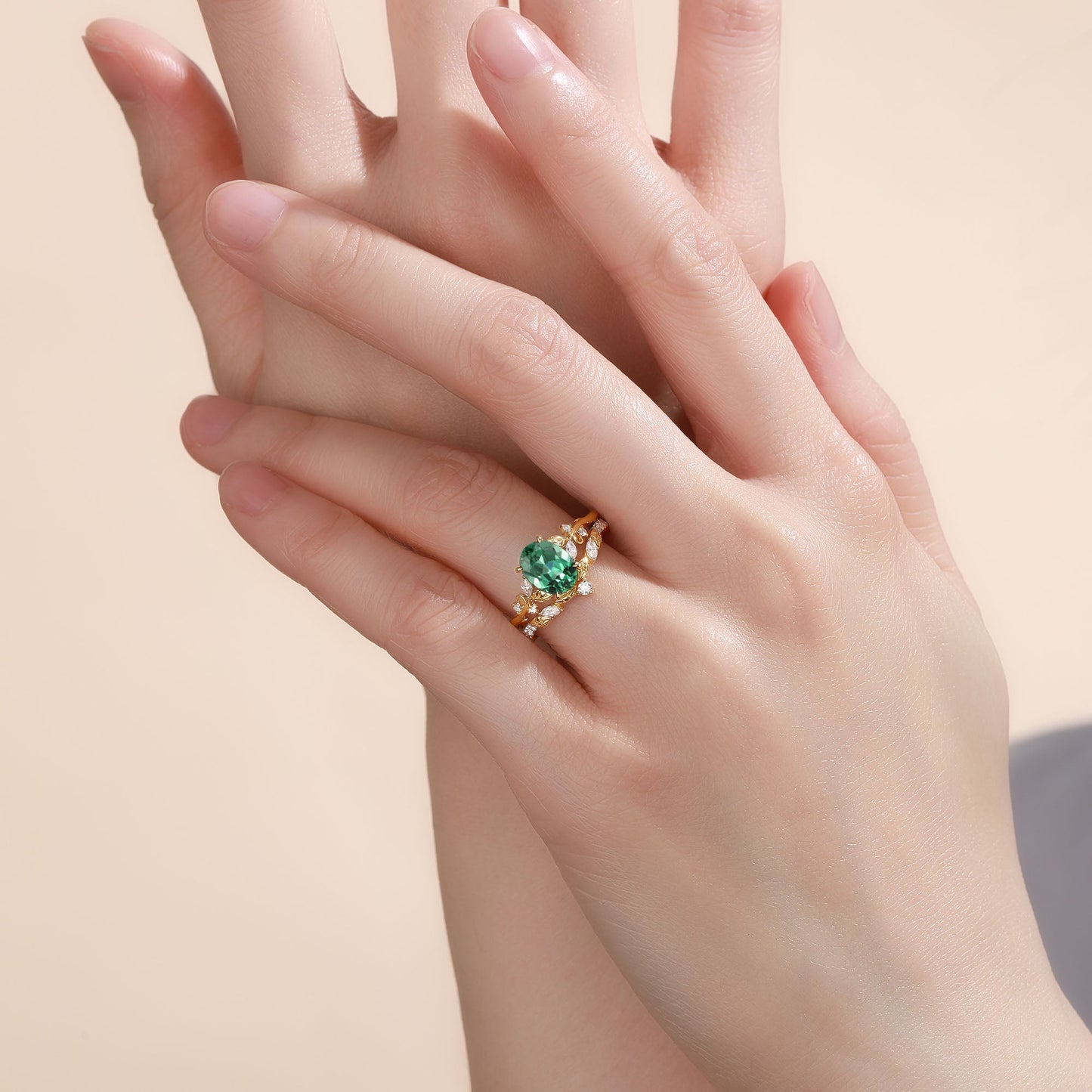 Oval Cut Lab Green Sapphire Leafy Engagement Ring Sets - Nieve