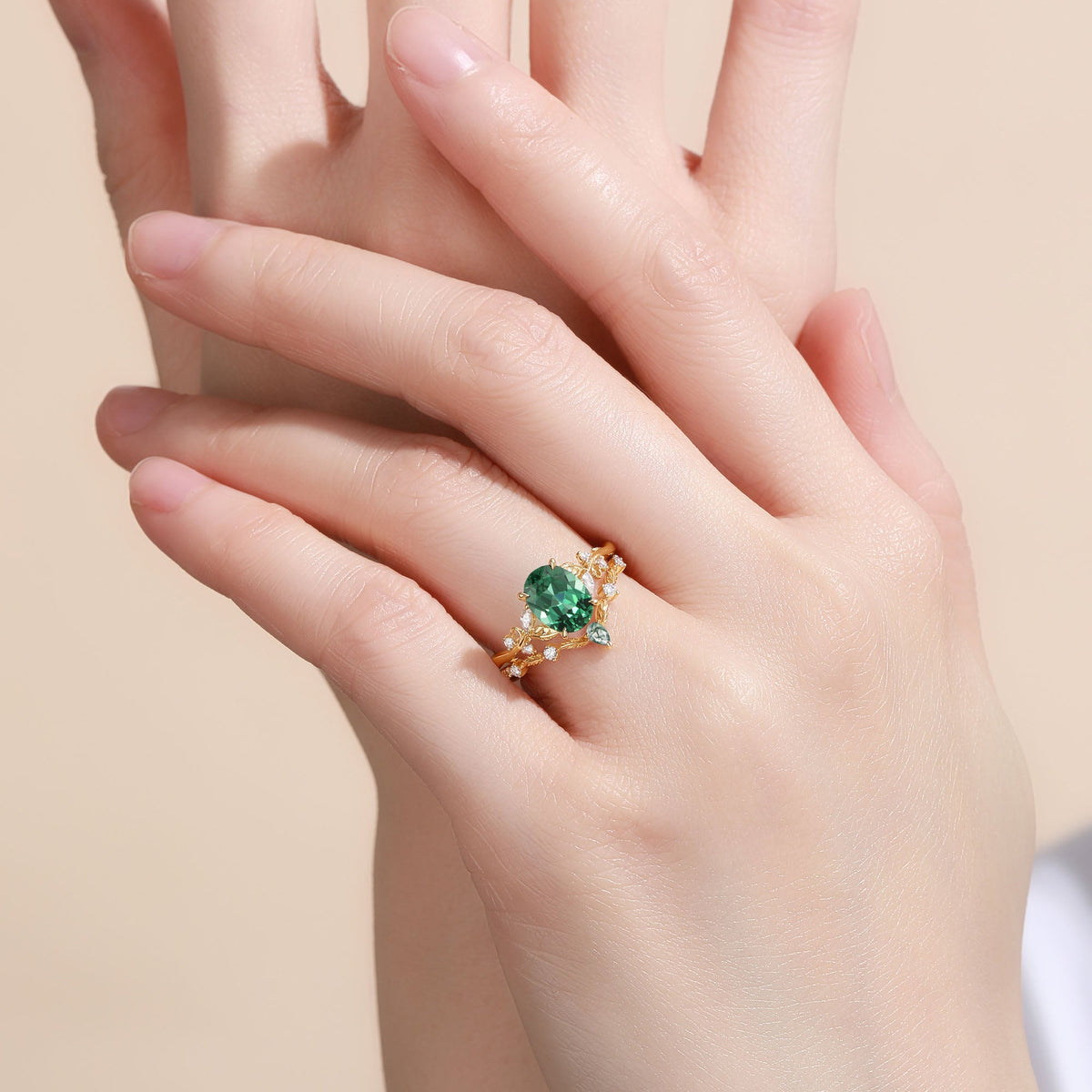 Oval Cut Lab Green Sapphire Leafy Engagement Ring Sets - Nieve