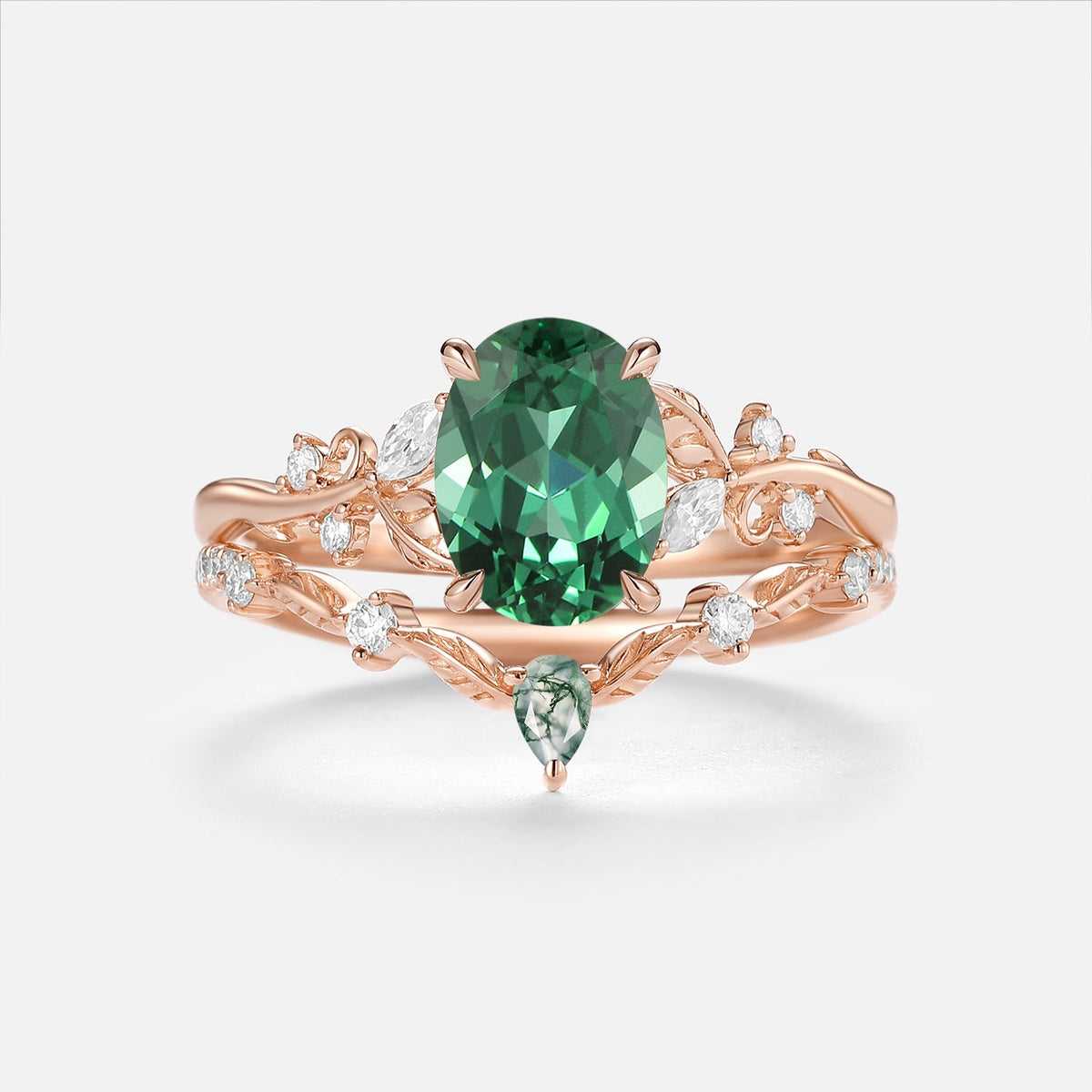 Oval Cut Lab Green Sapphire Leafy Engagement Ring Sets - Nieve