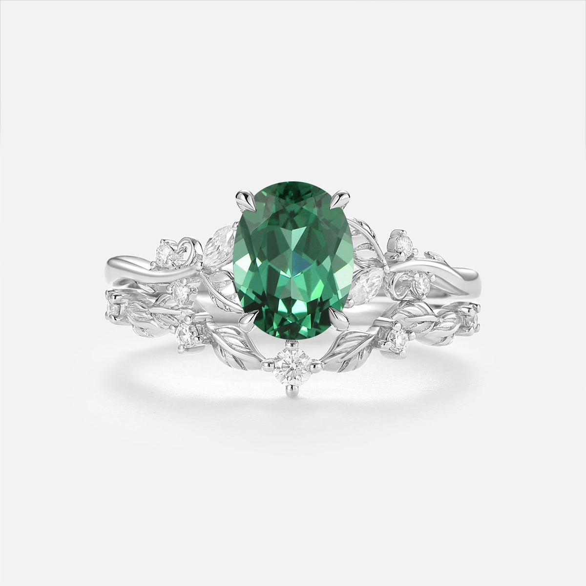 Oval Cut Lab Green Sapphire Leafy Engagement Ring Sets - Nieve