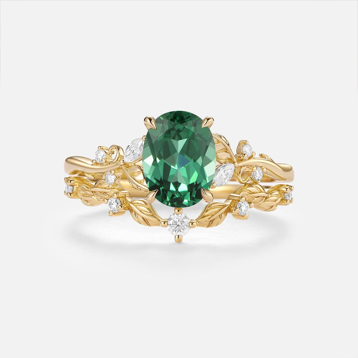 Oval Cut Lab Green Sapphire Leafy Engagement Ring Sets - Nieve