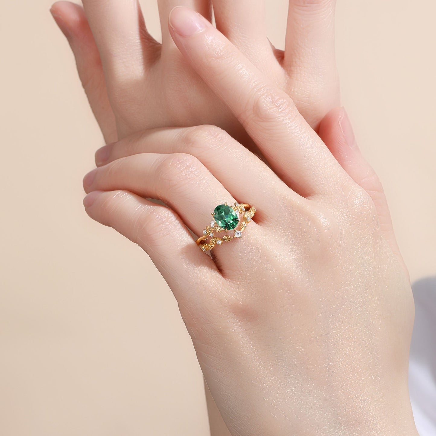 Oval Cut Lab Green Sapphire Leafy Engagement Ring Sets - Nieve
