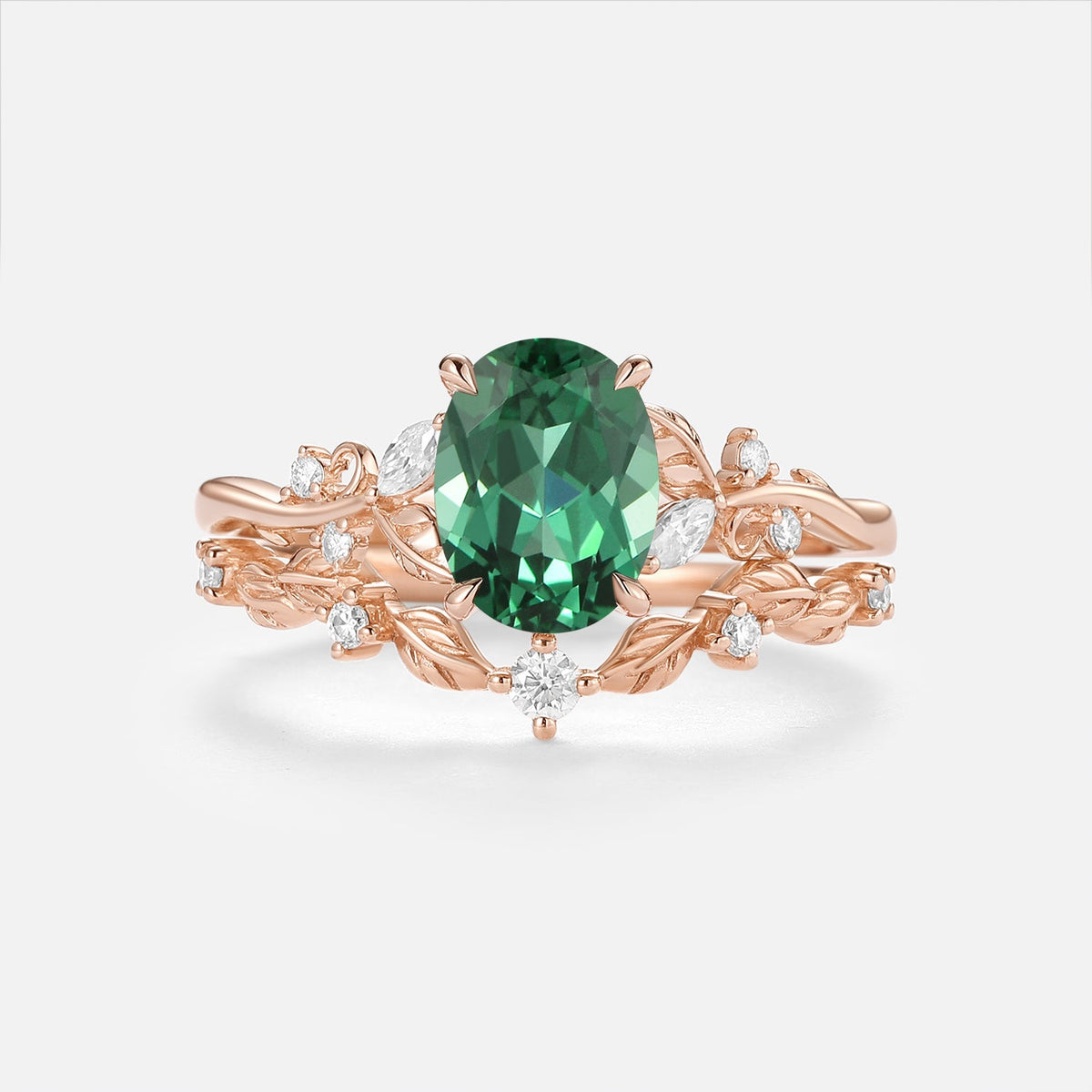 Oval Cut Lab Green Sapphire Leafy Engagement Ring Sets - Nieve