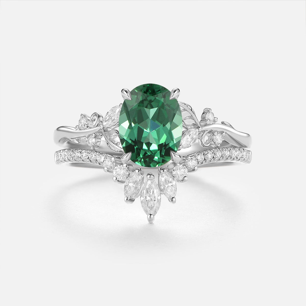 Oval Cut Lab Green Sapphire Chevron Engagement Ring Sets - Nieve