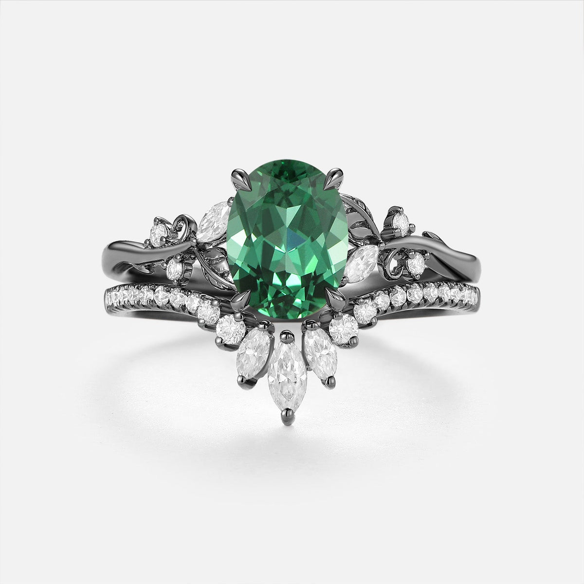 Oval Cut Lab Green Sapphire Chevron Engagement Ring Sets - Nieve