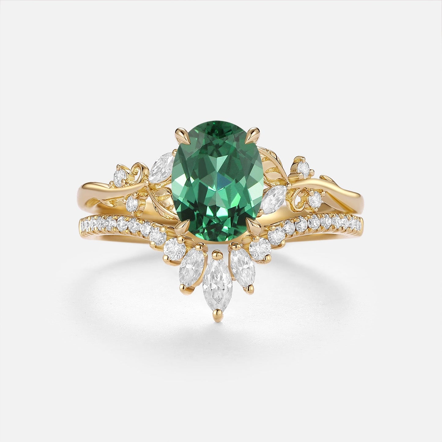 Oval Cut Lab Green Sapphire Chevron Engagement Ring Sets - Nieve
