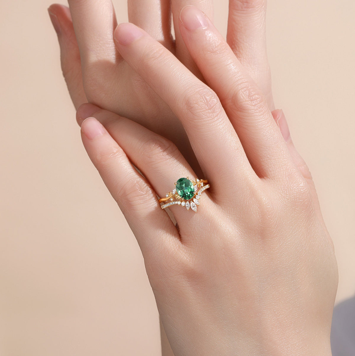 Oval Cut Lab Green Sapphire Chevron Engagement Ring Sets - Nieve
