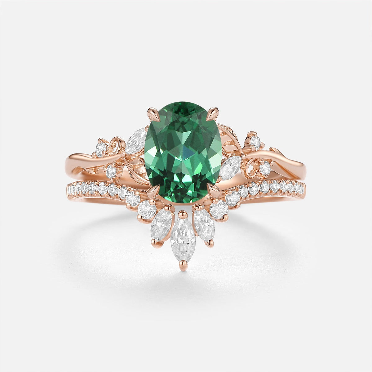 Oval Cut Lab Green Sapphire Chevron Engagement Ring Sets - Nieve