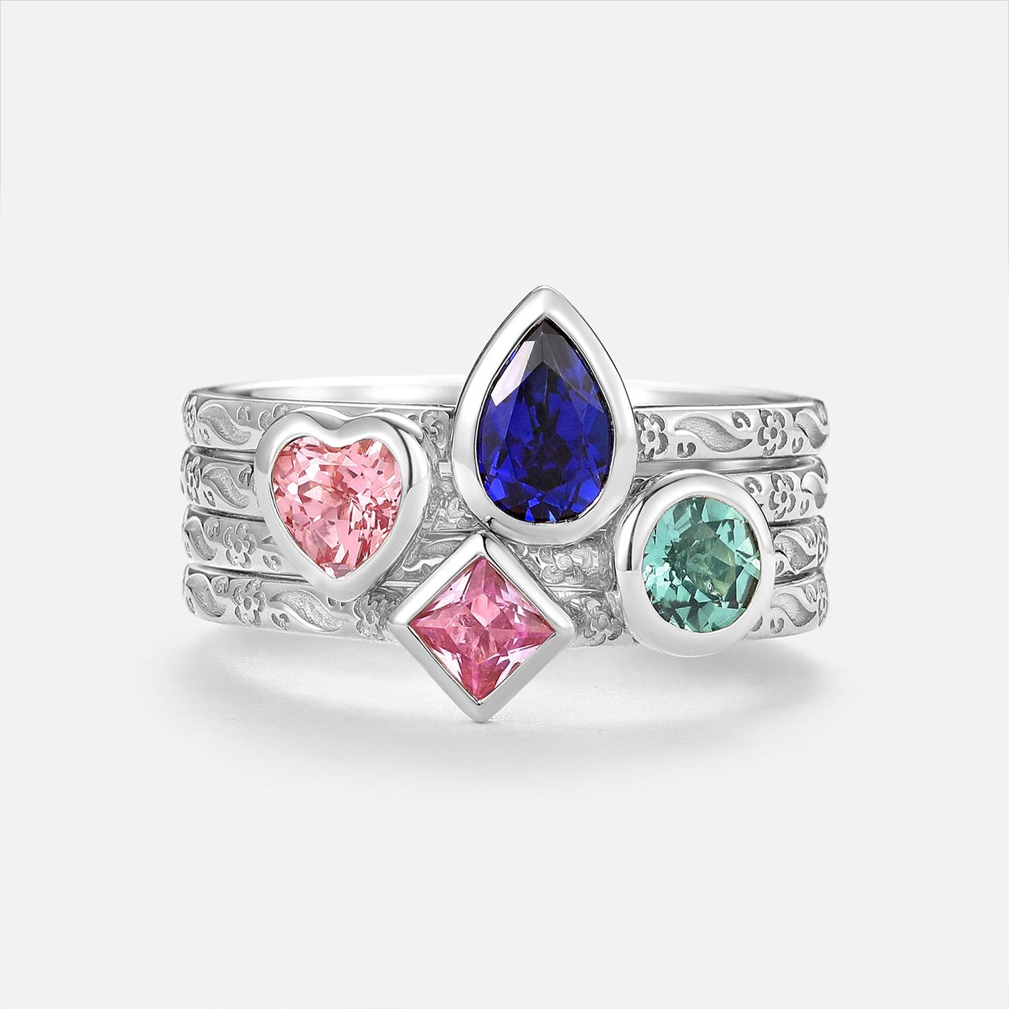 Pear Multi-Color Lab Grown Diamond Bezel Engraved Stack Engagement Ring Set 4pcs - Talise