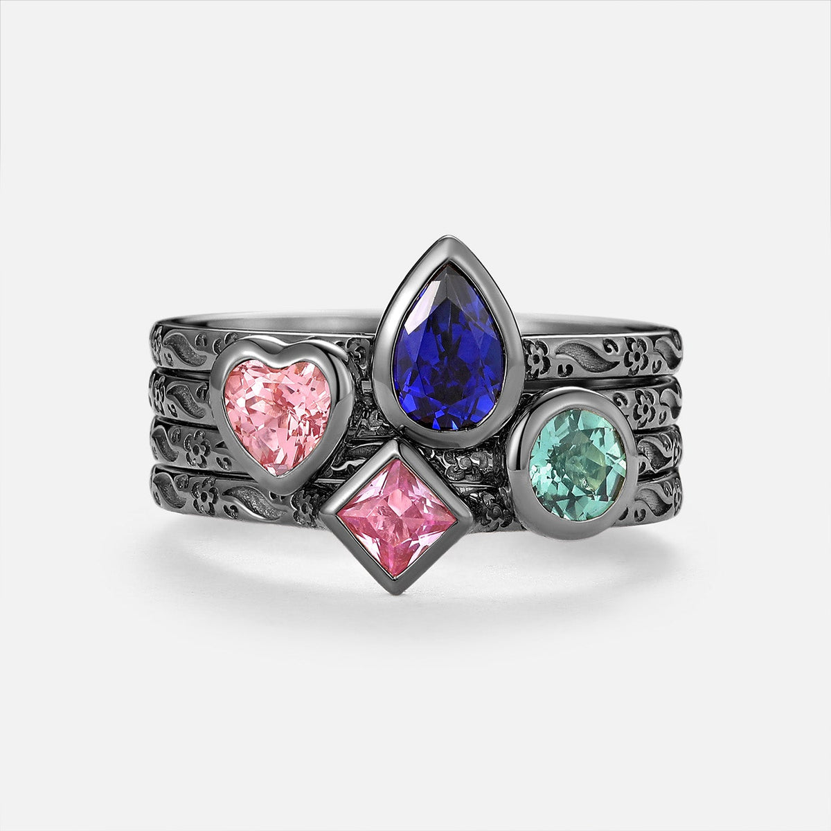 Pear Multi-Color Lab Grown Diamond Bezel Engraved Stack Engagement Ring Set 4pcs - Talise