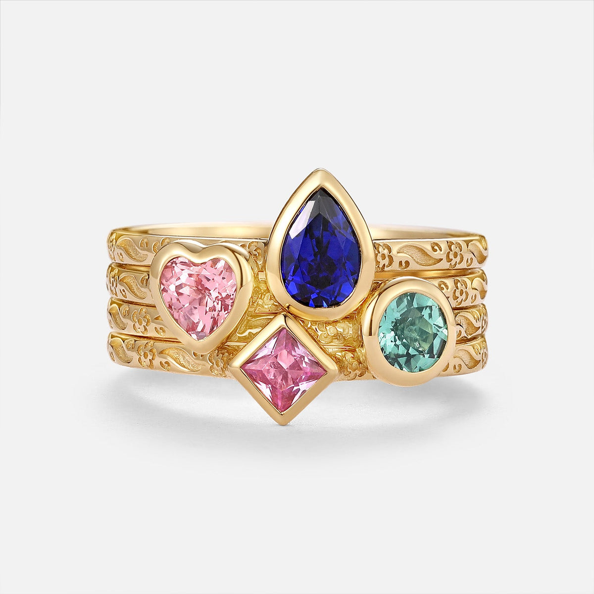 Pear Multi-Color Lab Grown Diamond Bezel Engraved Stack Engagement Ring Set 4pcs - Talise