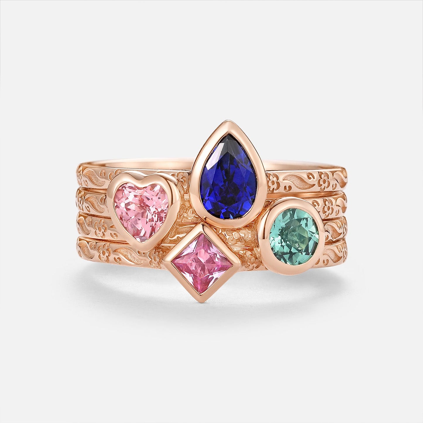 Pear Multi-Color Lab Grown Diamond Bezel Engraved Stack Engagement Ring Set 4pcs - Talise
