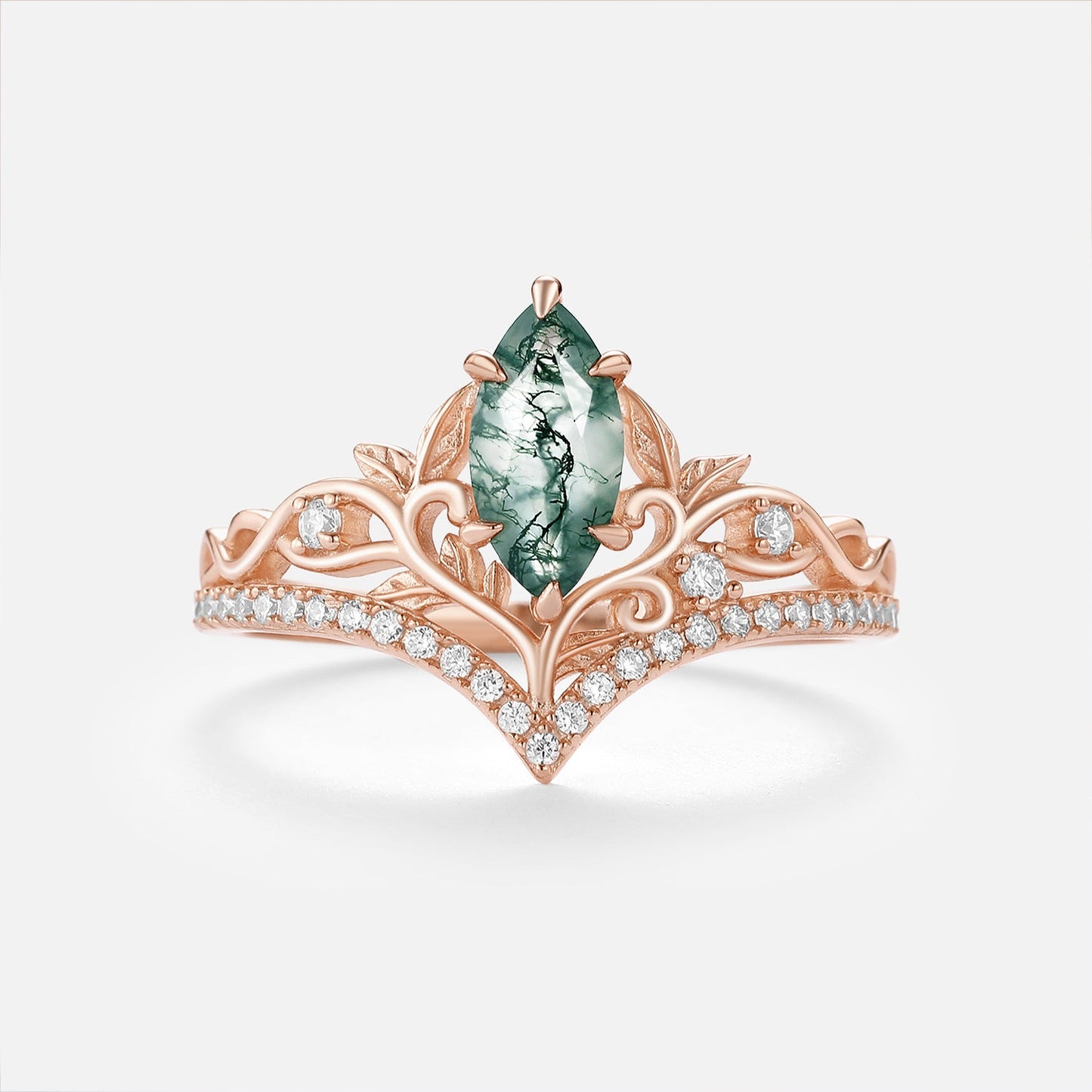 Marquise Cut Moss Agate Leaf Engraved Engagement Ring Sets 2pcs - Filigree