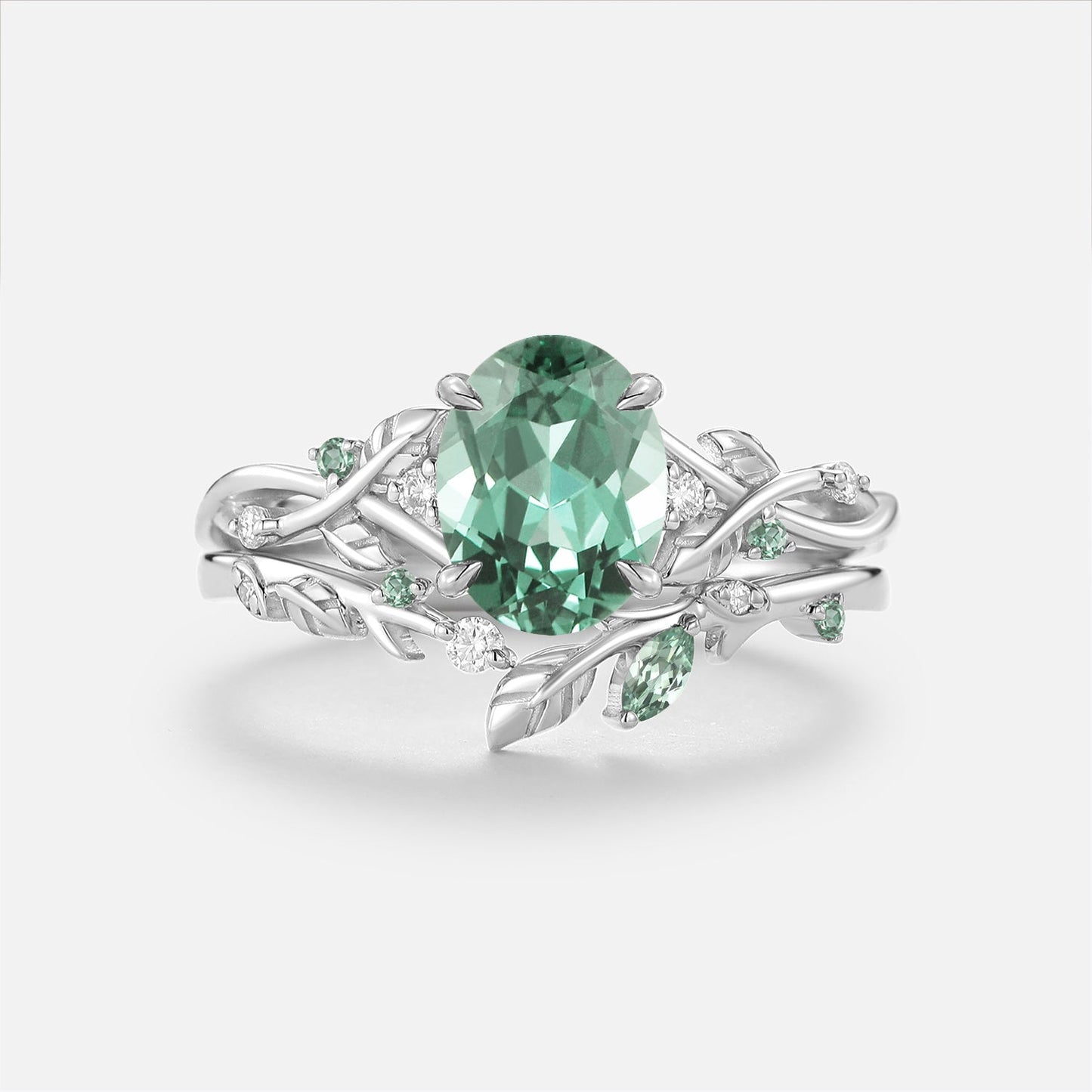 Oval Cut Lab Green Sapphire Leaf Vintage Engagement Ring Sets - Prism