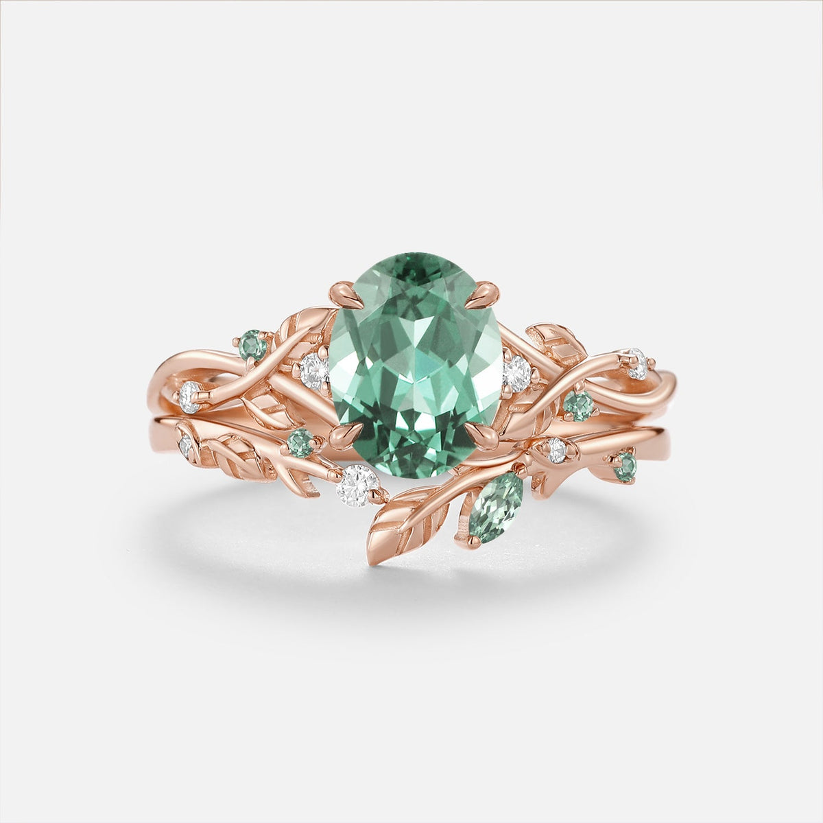 Oval Cut Lab Green Sapphire Leaf Vintage Engagement Ring Sets - Prism