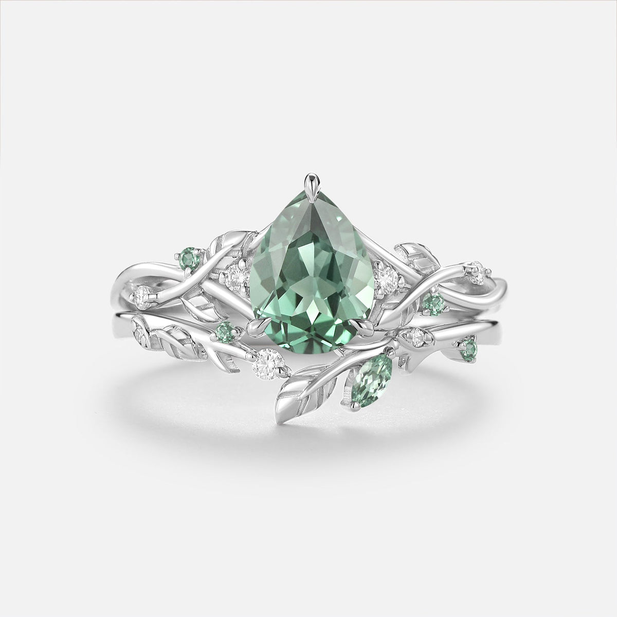 Pear Cut Lab Green Sapphire Leaf Vintage Engagement Ring Sets - Prism
