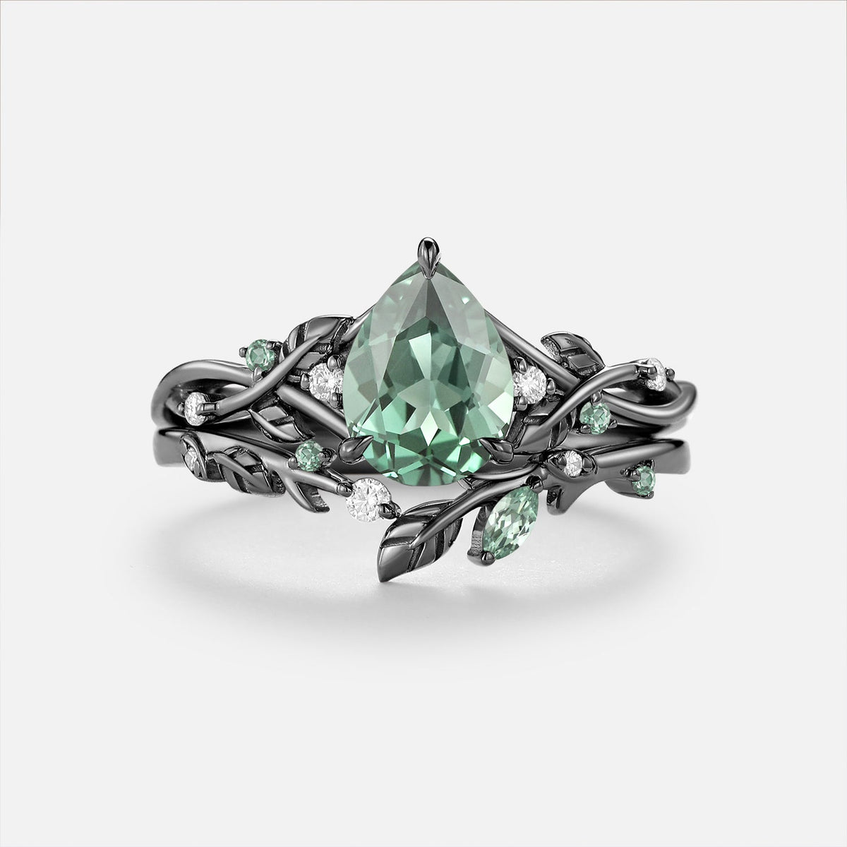 Pear Cut Lab Green Sapphire Leaf Vintage Engagement Ring Sets - Prism